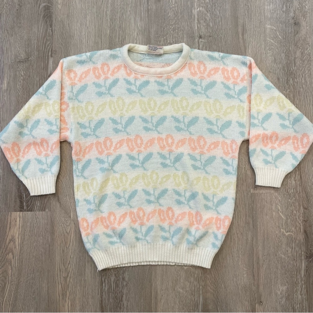 VINTAGE 1980s Justin Allen Spring Cottagecore Pastel Sweater - Size M - Picture 2 of 13